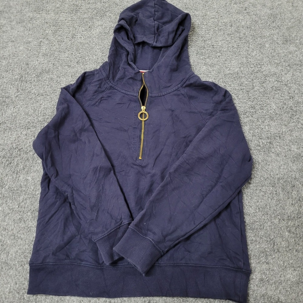 Tommy Hilfiger Hoodie Womens Size M Navy Blue Cotton Quarter Zip Gold Ring Pull
